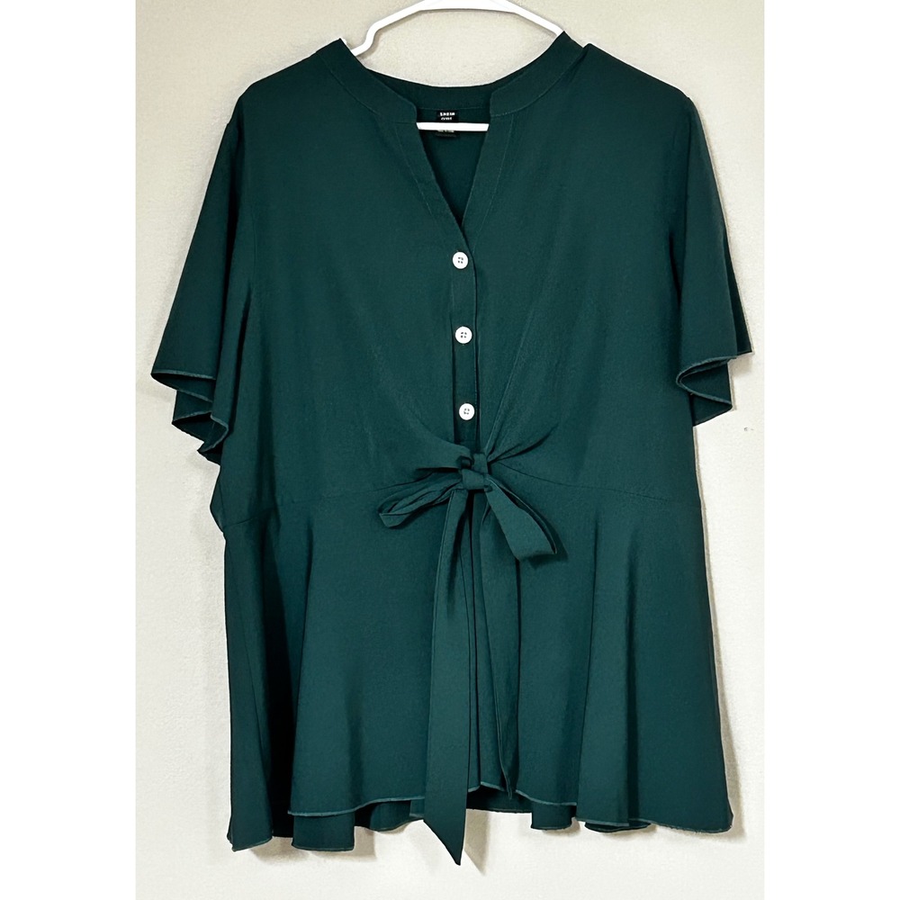 Shein Curve Womens 2XL Dark Green Peplum Blouse Tie Front Button V-Neck Top